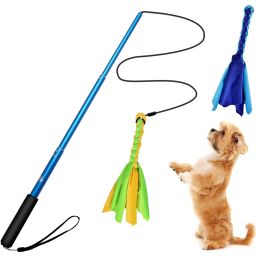 Extendable Dog Flirt Pole with Lure 10.23-26.77in Teaser Wand with 2 Replaceable Interactive Tail Toys (Color: Blue)