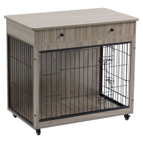 Dog Crate Furniture, Wooden Dog House, Decorative Dog Kennel with Drawer, Indoor Pet Crate End Table for Small Dog, Steel-Tube Dog Cage, Chew-Proof (Color: as Pic)